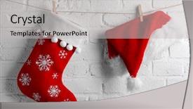  Presentation with paint white brick wall - PPT layouts consisting of christmas stocking - red santa claus hat background and a light gray colored foreground