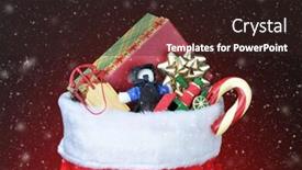  Presentation with christmas stocking - PPT theme with christmas stocking filled with toys - light to dark red background with snow effect background and a wine colored foreground