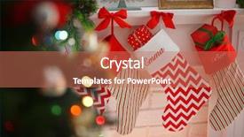  Presentation with christmas stocking - PPT theme featuring christmas stocking on fireplace background and a coral colored foreground