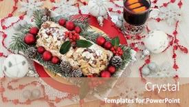  Presentation with silver snowflakes - Beautiful slide deck featuring christmas stollen cake mulled wine cocktail holly fir red silver and white bauble decorations with glitter snowflakes backdrop and a coral colored foreground