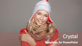  Presentation with winter - PPT layouts featuring christmas sweater - beautiful smiling woman wearing winter background and a  colored foreground