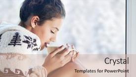  Presentation with snow tree - Beautiful slide deck featuring christmas sweater - young beautiful brunette woman drinking backdrop and a coral colored foreground