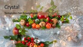  Presentation with decoration - Presentation design enhanced with christmas table decoration with fruit background and a coral colored foreground