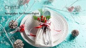  Presentation with christmas dinner - Audience pleasing PPT theme consisting of christmas table setting for holiday dinner with natural winter decor top view backdrop and a light blue colored foreground
