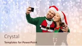  Presentation with ugly christmas sweater - Colorful presentation theme enhanced with christmas technology and holidays concept - happy couple in santa hats taking selfie by smartphone at ugly sweater party over festive lights background backdrop and a lemonade colored foreground