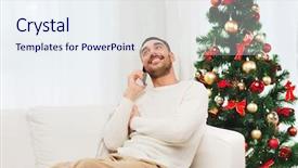  Presentation with kittens christmas holiday red christmas - Presentation design featuring christmas technology people and holidays concept - smiling man calling on smartphone at home background and a sky blue colored foreground