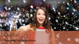  Presentation with christmas red - Audience pleasing presentation theme consisting of christmas technology present and people concept - smiling woman in red dress with blank tablet pc computer screen over snowy night city background backdrop and a red colored foreground