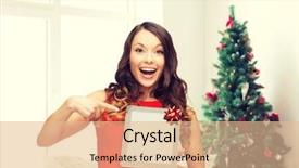  Presentation with computer room - PPT layouts having christmas technology present and people concept - smiling woman in red dress with blank tablet pc computer screen over living room and christmas tree background background and a lemonade colored foreground