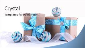  Presentation with holiday blue and silver - Audience pleasing presentation design consisting of christmas toys - holiday gift boxes decorated backdrop and a white colored foreground