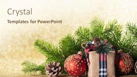  Presentation with glitter - Slide set consisting of christmas toys decorations present gift box wrapped in kraft paper on golden glitter background copy space background and a cream colored foreground