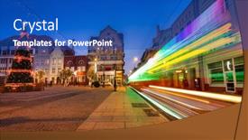  Presentation with tram - Amazing PPT theme having christmas-tram-and-decorations backdrop and a cobalt blue colored foreground