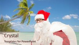  Presentation with beach bag - Beautiful presentation theme featuring christmas travel holidays and people concept - man in costume of santa claus with bag making hush gesture over tropical beach background backdrop and a lemonade colored foreground