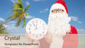  Presentation with christmas holidays - Colorful PPT theme enhanced with christmas travel holidays and people concept - man in costume of santa claus with clock showing twelve over tropical beach background backdrop and a lemonade colored foreground