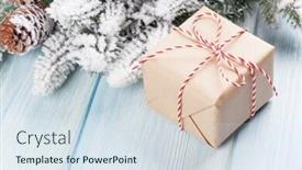  Presentation with snow tree - Audience pleasing slide set consisting of christmas tree branch with snow and gift box backdrop and a sky blue colored foreground