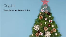  Presentation with red star - Presentation theme featuring christmas tree made of natural spruce branches deecor with red star on blue background flat lay card with copy space background and a light blue colored foreground