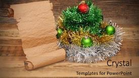  Presentation with scroll paper - Amazing PPT theme having christmas tree made of tinsel with old paper scroll backdrop and a coral colored foreground