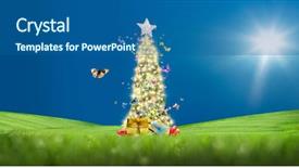  Presentation with christmas tree - Slide set having christmas tree on green landscape background and a ocean colored foreground