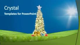  Presentation with christmas tree - PPT theme featuring christmas tree on green landscape background and a ocean colored foreground