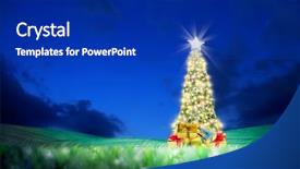  Presentation with christmas tree - PPT theme enhanced with christmas tree on green landscape background and a royal blue colored foreground