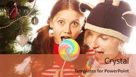  Presentation with lolly - Audience pleasing theme consisting of christmas two funny girls with lolly-pop backdrop and a red colored foreground