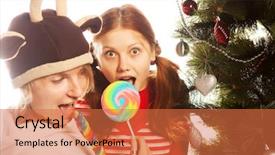  Presentation with lolly - PPT theme consisting of christmas two funny girls with lolly-pop background and a red colored foreground