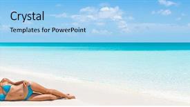  Presentation with christmas bikini - Amazing PPT theme having christmas vacation beach woman banner backdrop and a light blue colored foreground