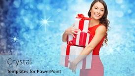  Presentation with blue lights - PPT theme enhanced with christmas valentine's day birthday people and holidays concept - smiling woman in red dress with many gift boxes over blue glitter or lights background background and a light blue colored foreground