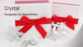  Presentation with pine cone - Presentation design consisting of christmas white glitter gift boxes with red bow snowflake bauble reindeer and pine cone decorations on snow background background and a lemonade colored foreground