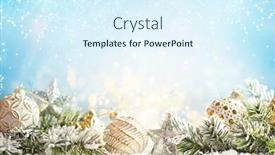 Presentation with snow tree - PPT theme with christmas winter background with christmas baubles and fir tree branches on snow background and a sky blue colored foreground