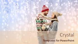  Presentation with knitted clothes - Slide set having christmas winter clothes and holidays concept - portrait of happy couple in ugly sweaters knitted mittens and hats over festive lights background background and a lemonade colored foreground