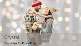  Presentation with knitted clothes - Beautiful PPT theme featuring christmas winter clothes and holidays concept - portrait of happy couple in ugly sweaters knitted mittens and hats over festive lights background backdrop and a light gray colored foreground