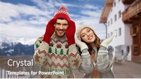  Presentation with knitted clothes - Presentation design consisting of christmas winter clothes and holidays concept - happy couple in ugly sweaters knitted hats and mittens over ski resort in austrian alps mountains background background and a coral colored foreground