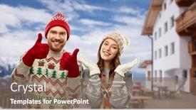  Presentation with knitted clothes - Presentation design enhanced with christmas winter clothes and holidays concept - happy couple in ugly sweaters knitted hats and mittens showing thumbs up over ski resort in austrian alps mountains background background and a coral colored foreground