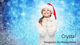  Presentation with glitter - PPT layouts having christmas winter holidays and childhood concept - dreaming girl in santa helper hat over blue glitter or lights background background and a arctic colored foreground