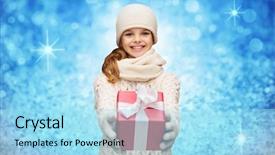  Presentation with blue lights - Slide set with christmas winter holidays and childhood concept - smiling girl in hat muffler and gloves with gift box over blue glitter or lights background background and a arctic colored foreground