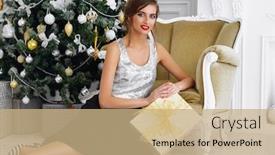  Presentation with apartments - Slides having christmas winter holidays concept beautiful charming woman in evening dress holding a gift box luxurious apartments decorated for christmas beauty fashion background and a coral colored foreground