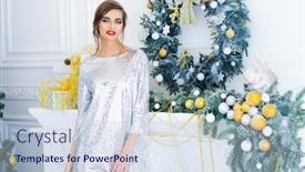  Presentation with apartments - PPT theme featuring christmas winter holidays concept beautiful charming woman in evening dress posing in luxurious apartments decorated for christmas beauty fashion background and a sky blue colored foreground