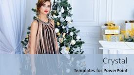  Presentation with apartments - Presentation theme with christmas winter holidays concept beautiful charming woman in evening dress posing in luxurious apartments decorated for christmas beauty fashion background and a light blue colored foreground