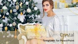  Presentation with apartments - Colorful presentation enhanced with christmas winter holidays concept beautiful charming woman in evening dress holding a gift box luxurious apartments decorated for christmas beauty fashion backdrop and a lemonade colored foreground