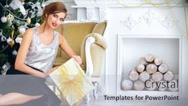  Presentation with apartments - Presentation design having christmas winter holidays concept beautiful charming woman in evening dress holding a gift box luxurious apartments decorated for christmas beauty fashion background and a lemonade colored foreground