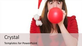  Presentation with balloon - Presentation featuring christmas woman blowing a balloon with her eyes crossed against a white background background and a soft green colored foreground