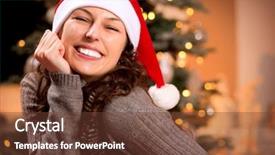  Presentation with girl christmas - Presentation theme featuring christmas woman in santa hat happy smiling girl celebrating new year at home christmas tree background and a tawny brown colored foreground