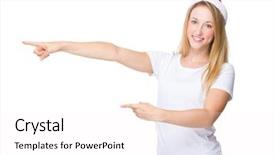  Presentation with finger point - Theme featuring christmas woman with two finger point aside background and a pink colored foreground