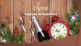  Presentation with snow tree - Slide deck having christmas wooden background with clock champagne snow fir tree and copy space background and a coral colored foreground