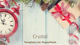  Presentation with vintage clock - Colorful presentation design enhanced with christmas wooden background with snow fir tree alarm clock and gift box vintage toned backdrop and a sky blue colored foreground