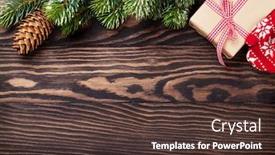  Presentation with text box - Theme having christmas wooden background with snow fir tree gift box and decoration top view with copy space for your text background and a tawny brown colored foreground