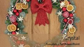  Presentation with star gold - Beautiful PPT theme featuring christmas wreath decoration with gold star and red bow bauble decorations candy canes dried fruit holly snow covered blue spruce fir and mistletoe over oak wood front door background backdrop and a coral colored foreground