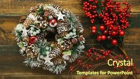  Presentation with natural elements - Colorful presentation enhanced with christmas wreath formed by natural elements and branch with red fruits backdrop and a tawny brown colored foreground