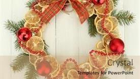  Presentation with lemons - Presentation theme enhanced with christmas wreath of dried lemons with fir tree and balls on wooden background background and a coral colored foreground