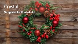  Presentation with christmas blank wooden signboard - Theme with christmas wreath on wooden background background and a tawny brown colored foreground